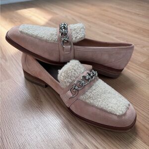 Vince Camuto loafers - camel color, suede, faux fur, and chain detail.